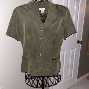 Vintage Olive Green Fitted Button Down Blouse with Notched Collar